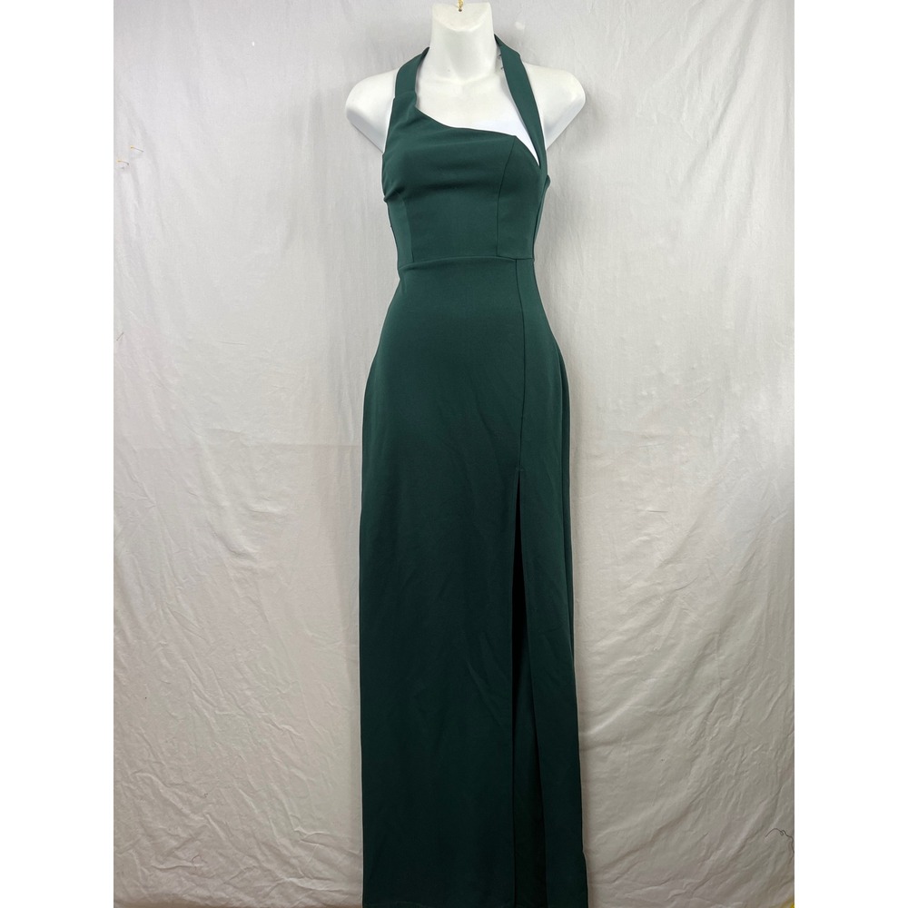 Lulus Maxi Dress Womens XXS Green Asymmetrical Halter Side Slit Formal Gown New